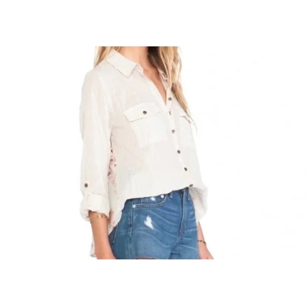 Free People Party In The Back Shirt Sz S Ivory Floral Stripe Boho Cottagecore